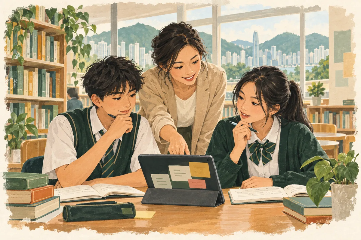 AI-generated illustration of a teacher and two fictional Hong Kong secondary students exploring vocabulary in a library.